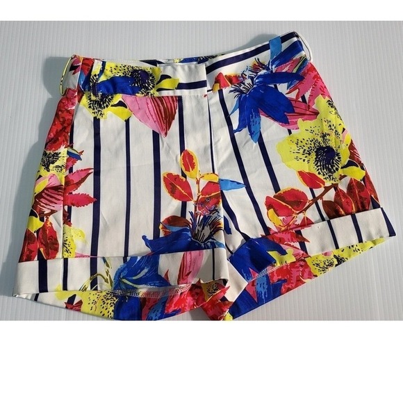 Ovi Pants - Ovi Womens Floral Striped Cuffed Shorts White Navy Blue Yellow Pink Size S